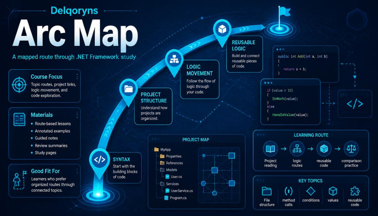 An infographic titled 'Delgoryns Arc Map' on a dark blue background, showing a stylized map route with glowing blue nodes and icons related to .NET Framework study, course focus, materials, project structure, syntax, and learning route.