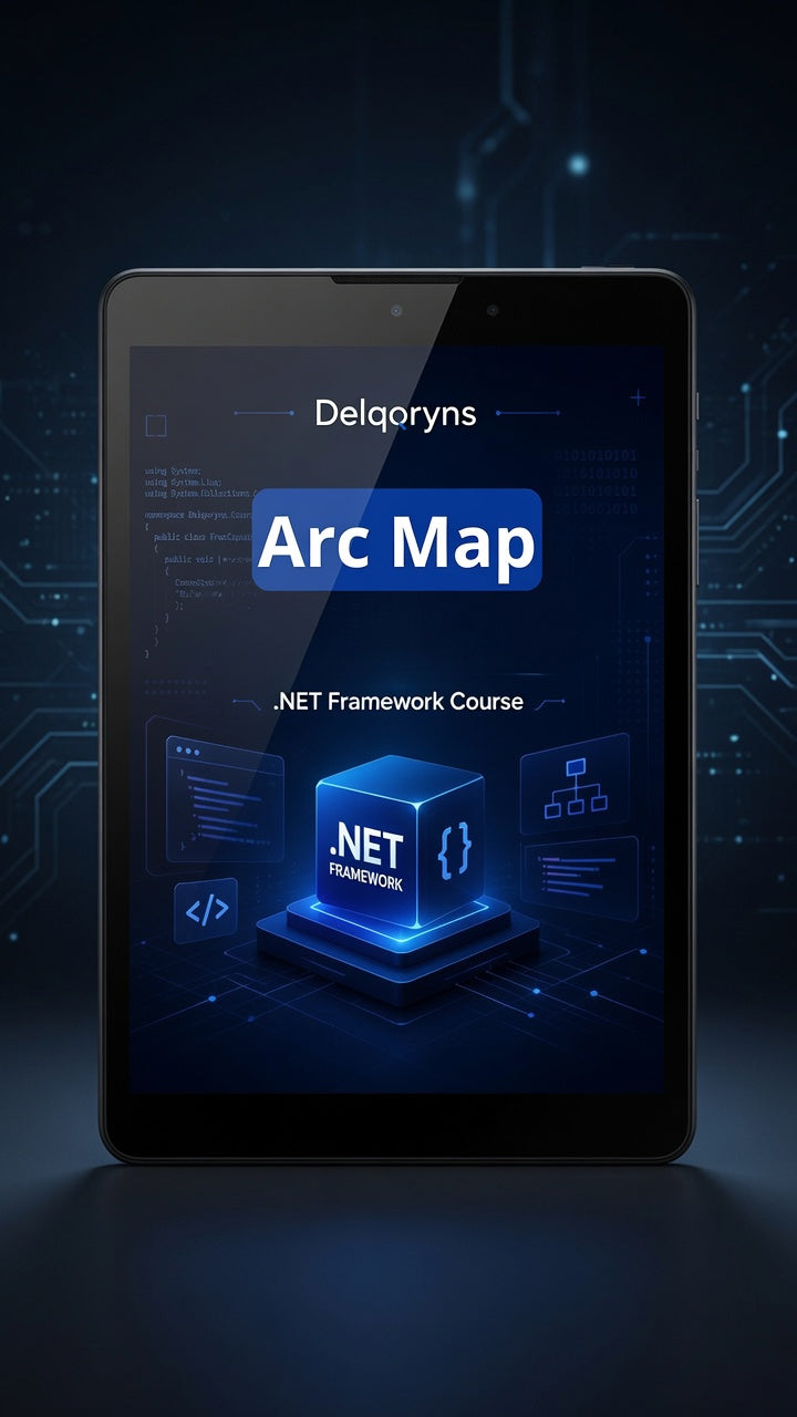 A digital promotional graphic showing a tablet with a dark blue screen displaying the text 'Delgoryns Arc Map' and '.NET Framework Course' around a glowing 3D cube icon, set against a dark circuit-board background.