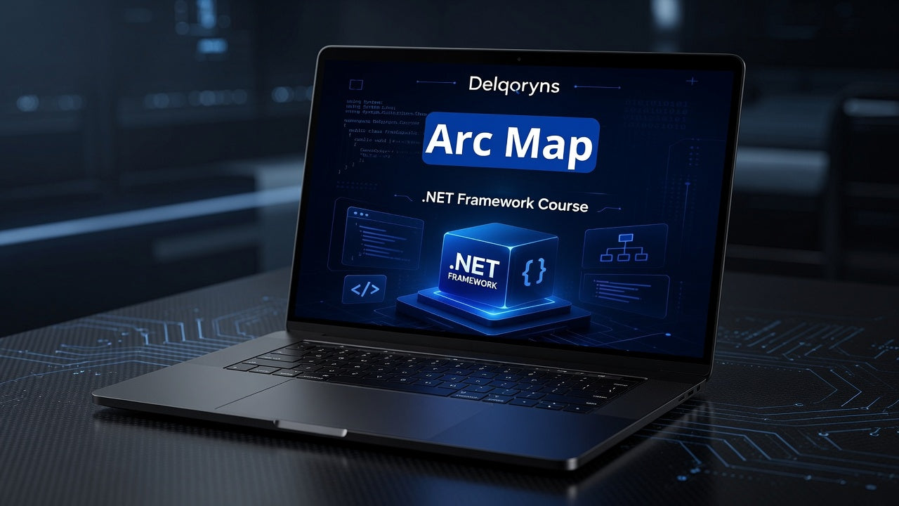 A dark gray laptop sits open on a glossy desk, displaying a digital course graphic for 'Delgoryns Arc Map .NET Framework Course' on the screen.