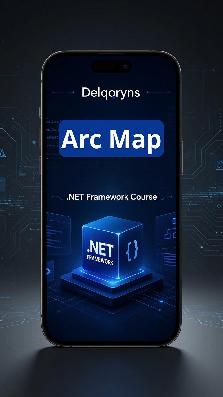 A smartphone centered on a dark tech-style background, displaying a course screen for 'Delqoryns Arc Map .NET Framework Course' with blue UI elements and a 3D block graphic.