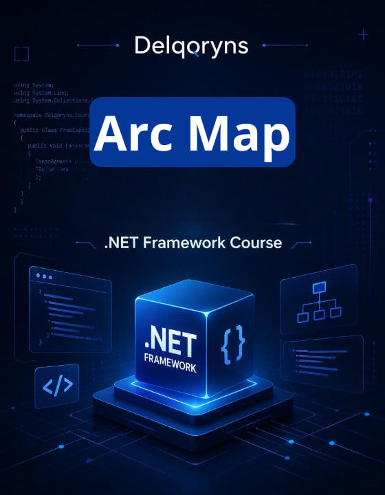 Promotional graphic for a .NET Framework course titled 'Delqoryns Arc Map' on a dark blue digital background with glowing blue UI elements and a central 3D cube labeled '.