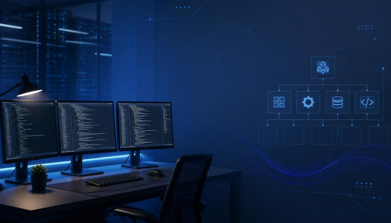 A dark blue technology-themed scene with three computer monitors displaying code on a desk, an office chair, and glowing blue interface graphics on the wall.