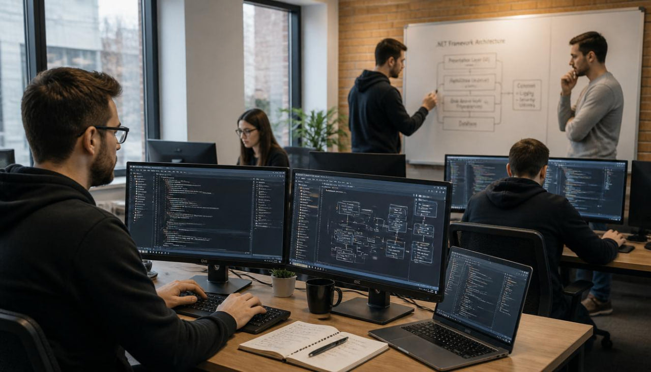 A modern office workspace with several developers seated at desks using computer monitors and laptops, while two colleagues stand by a whiteboard in the background.