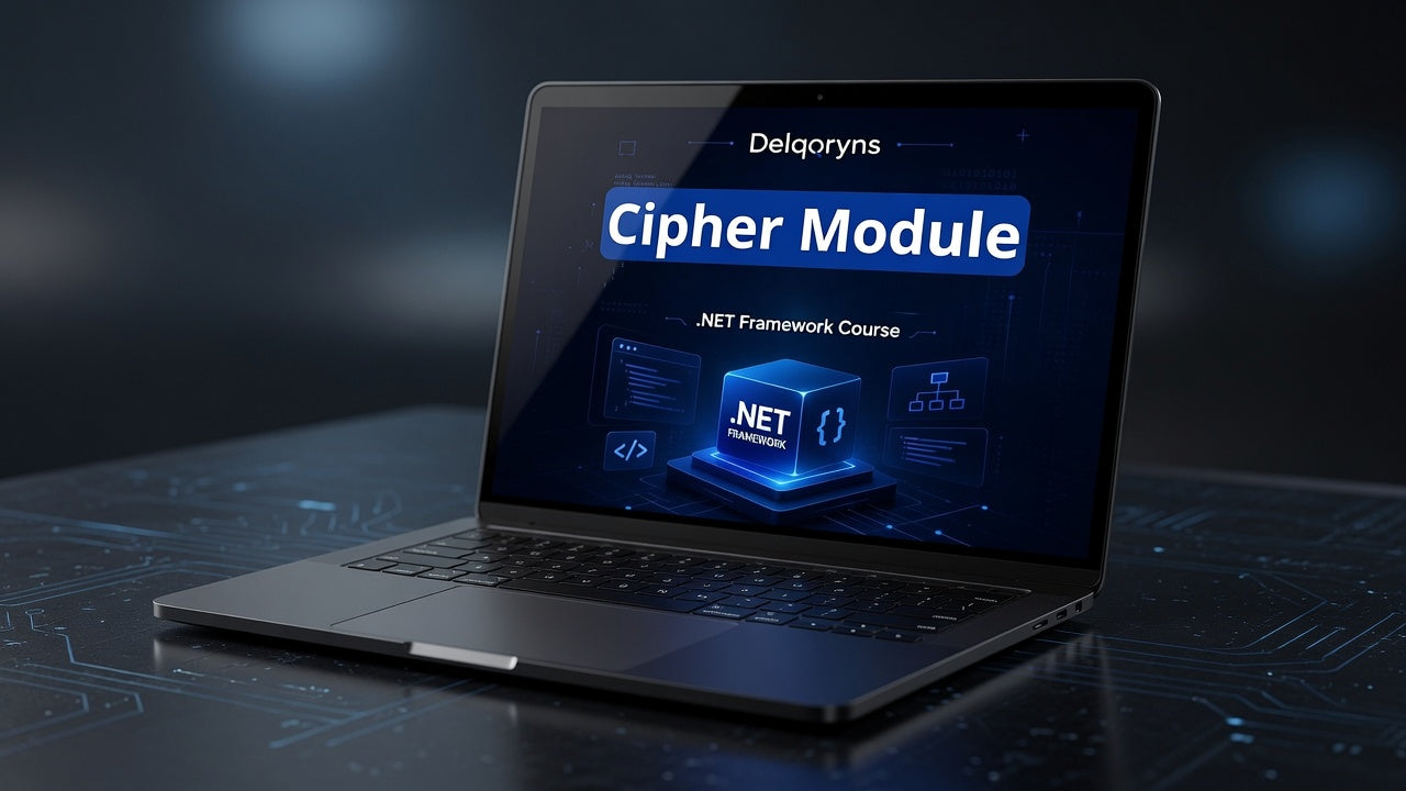 A dark laptop displaying a digital course interface titled 'Delgoryns Cipher Module .NET Framework Course' on a glossy dark surface with subtle blue circuit-like reflections.