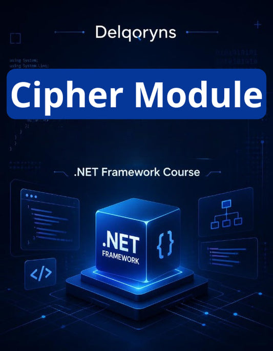 Digital cover graphic for a '.NET Framework Course' titled 'Cipher Module' by Delqryns, featuring a glowing blue 3D cube labeled '.