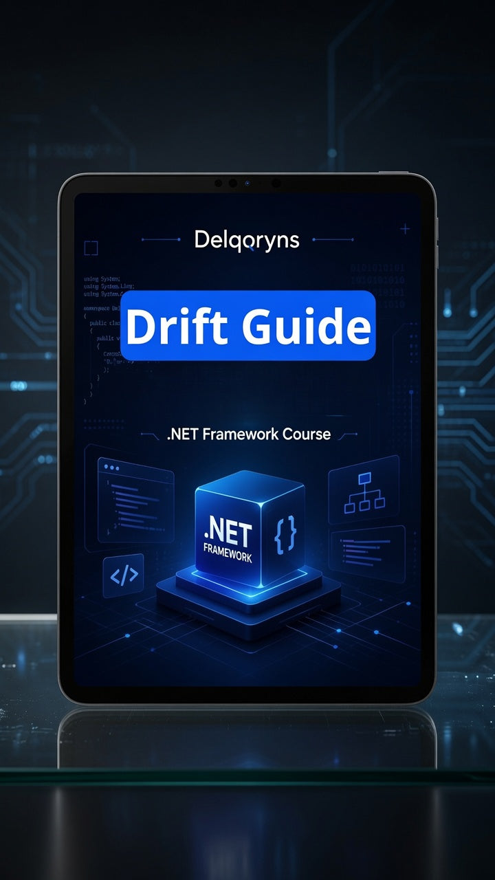 A tablet device displaying a digital course cover titled 'Delqoryns Drift Guide' for a .NET Framework course, set against a dark blue tech-themed background.