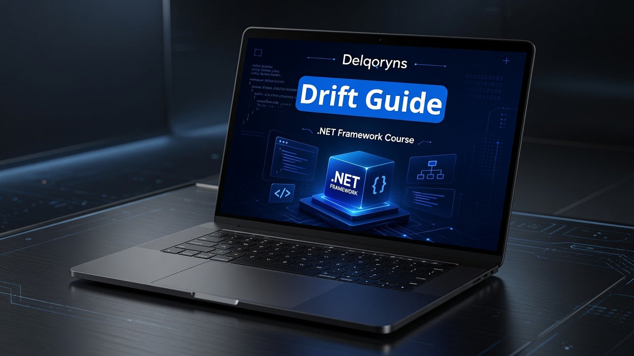 A dark gray laptop on a glossy black desk, displaying a digital course cover for 'Delqoryns Drift Guide .NET Framework Course' on its screen.