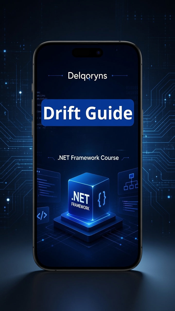 A smartphone centered on a dark blue tech-style background, displaying a course interface titled "Delqoryns Drift Guide" and “.NET Framework Course” with a glowing blue cube icon.