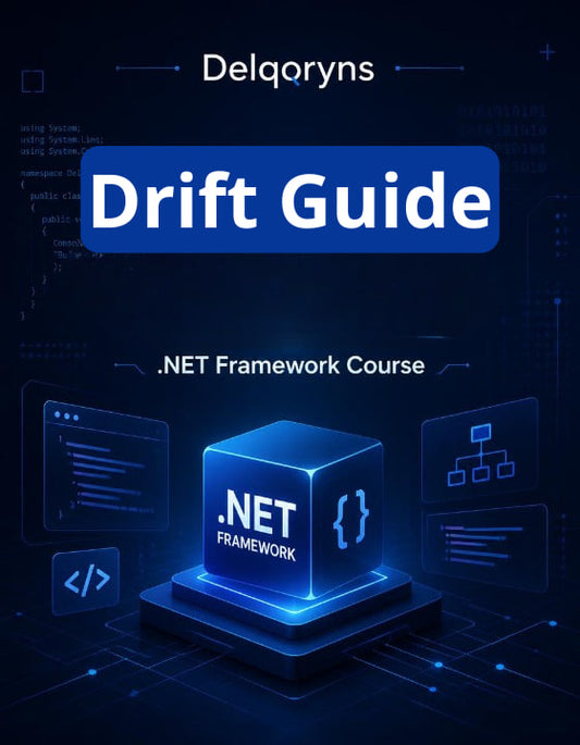 Digital cover graphic for a '.NET Framework Course' titled 'Drift Guide' by Delqryns, featuring a glowing blue 3D cube labeled '.