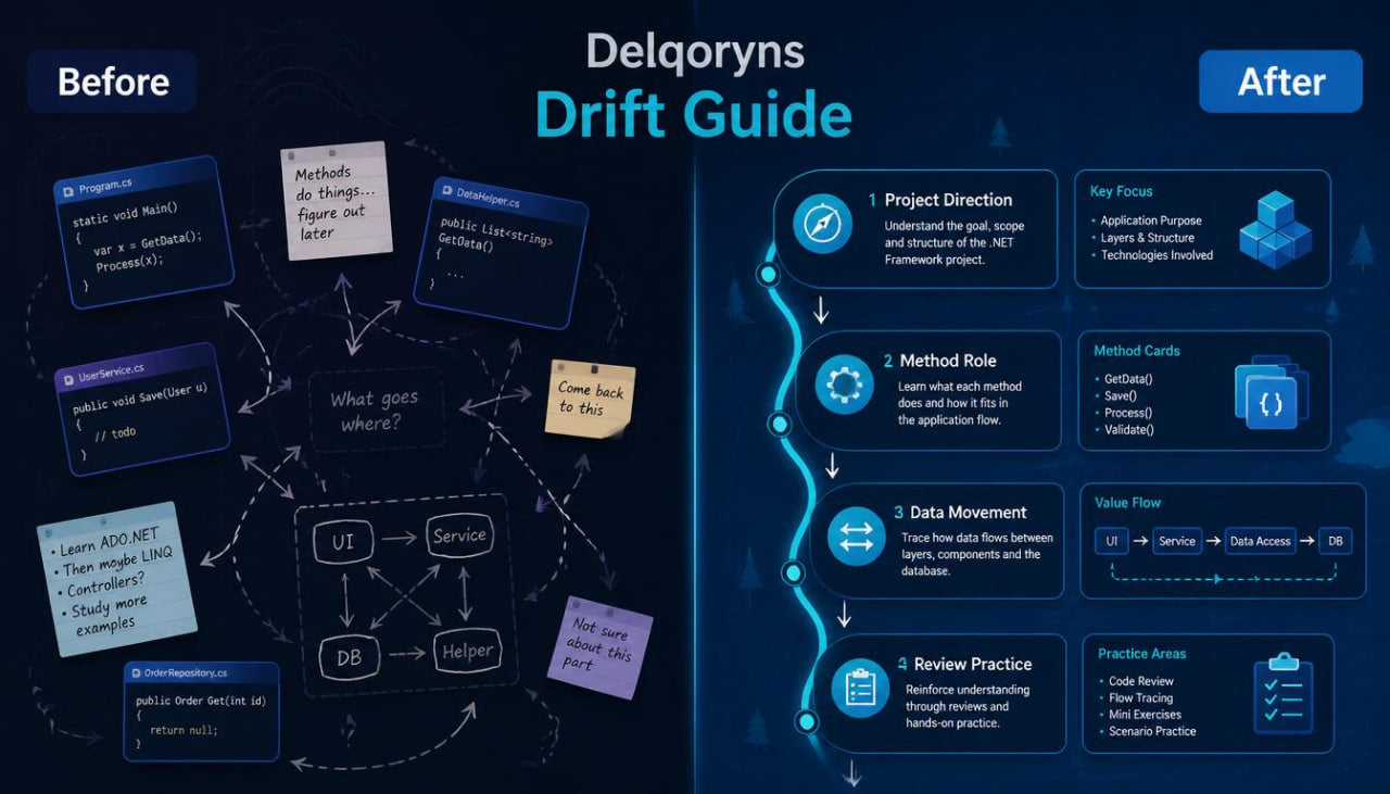 A digital infographic titled 'Delqoryns Drift Guide' comparing 'Before' and 'After' states. The left side, labeled 'Before', shows a messy, cluttered dark blue and black code workflow with various sticky notes and arrows.
