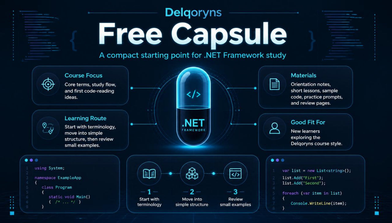 Promotional infographic for Delgoryns Free Capsule, a NET Framework study guide. The design features a dark navy blue background with glowing blue and white text and UI elements, centered around a capsule graphic containing the text 'NET FRAMEWORK'.