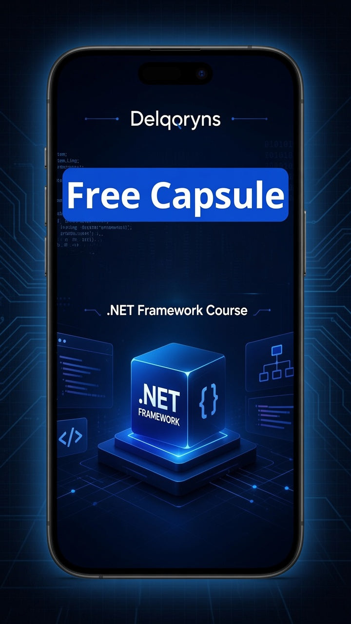 A smartphone mockup displaying a promotional graphic for a Delqoryns .NET Framework course, with large blue text reading 'Free Capsule' and a glowing blue .