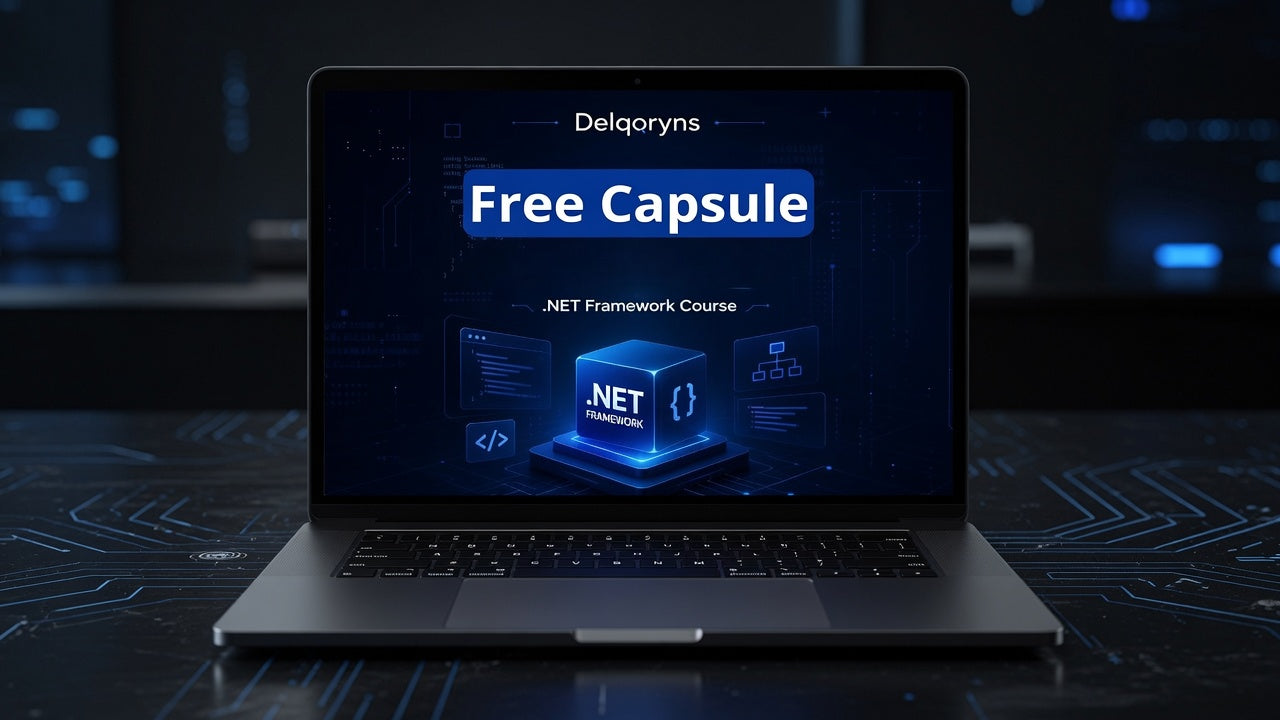 A dark laptop on a futuristic blue circuit-patterned surface, displaying a promotional screen graphic for a 'Delqoryns Free Capsule .NET Framework Course'.