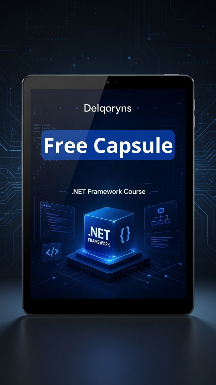 A digital promotional graphic showing a tablet with a dark blue screen displaying the text 'Delqoryns Free Capsule' and 'NET Framework Course,' with a glowing capsule icon and circuit-like background.