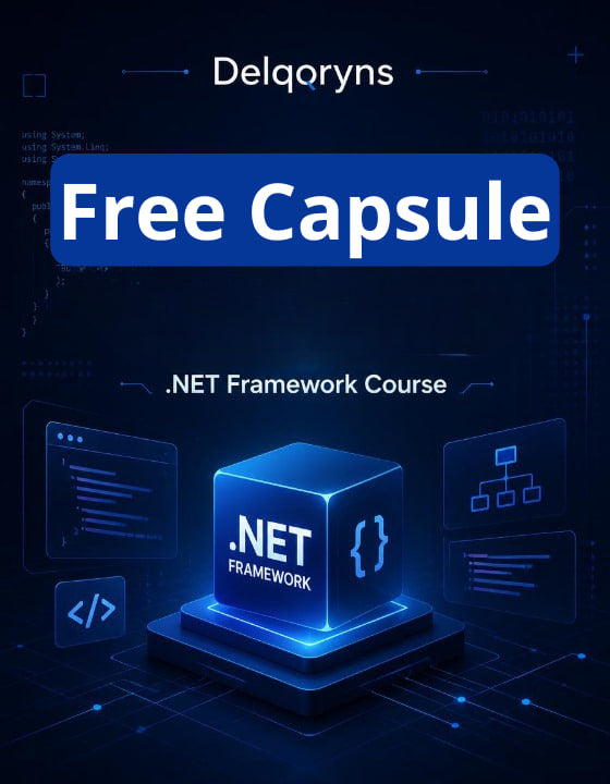 Promotional graphic for a free .NET Framework course by Delqoryns, featuring a glowing blue 3D cube labeled '.
