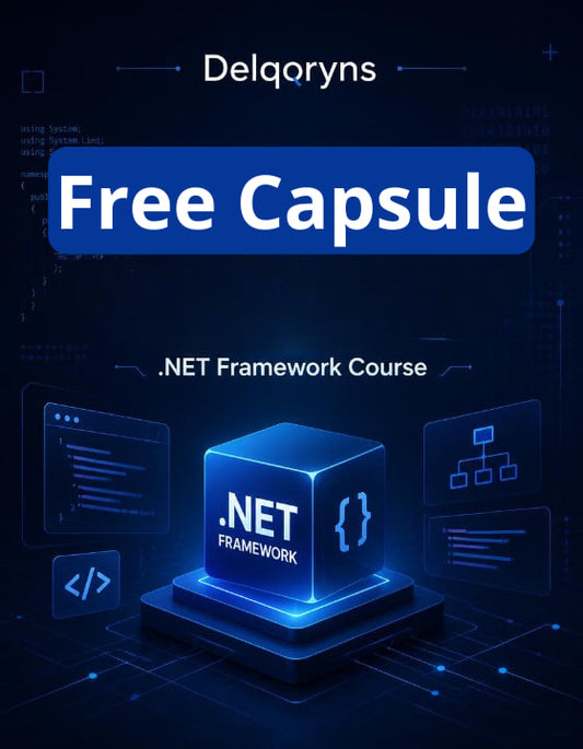 Promotional graphic for a free .NET Framework course by Delqoryns, featuring a glowing blue 3D cube labeled '.