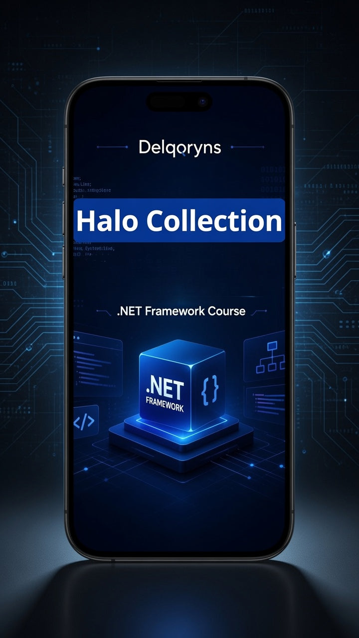 A smartphone centered on a dark blue tech-style background, displaying a course cover for 'Delqoryns Halo Collection' and a .NET Framework course graphic.