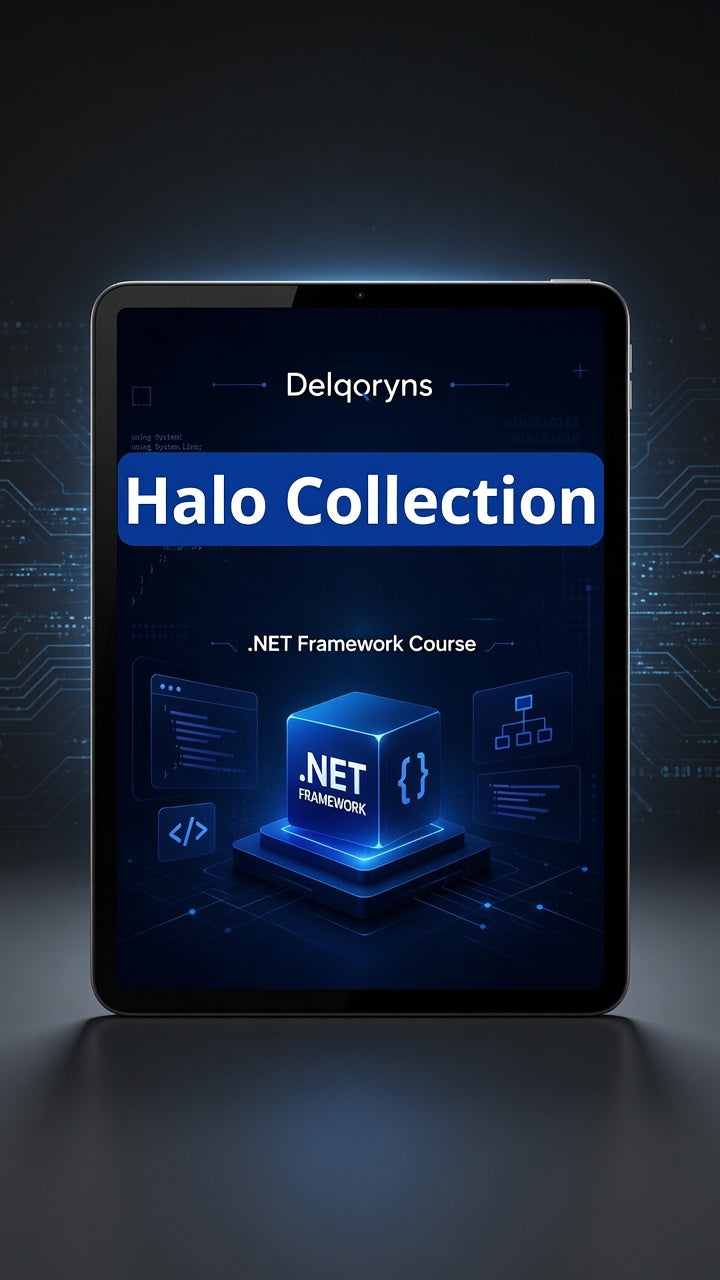A digital promotional graphic showing a tablet or smartphone mockup with a dark blue screen displaying the text 'Delqoryns Halo Collection .NET Framework Course' and a glowing .