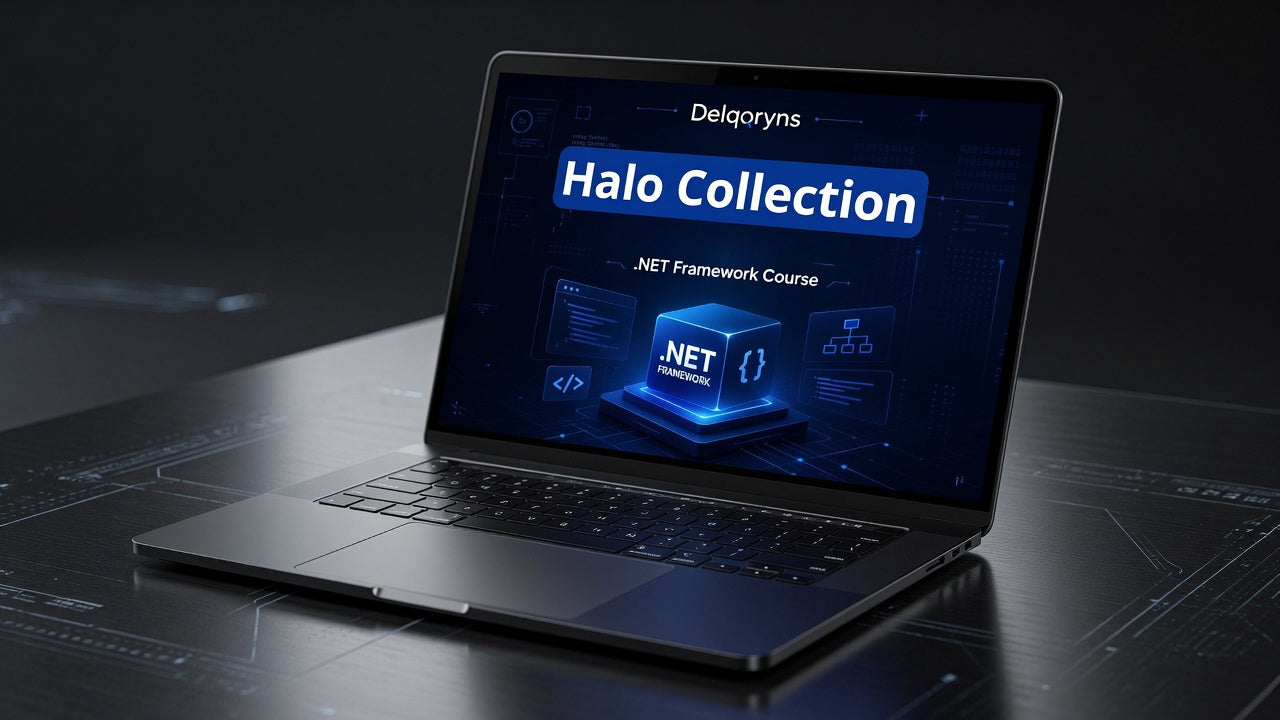 A dark gray laptop on a glossy black desk, displaying a digital course screen titled 'Halo Collection .NET Framework Course' with the brand name 'Delqoryns' at the top.