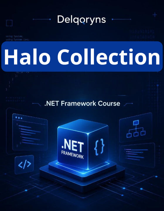 Promotional graphic for a Delqoryns .NET Framework course, featuring a glowing blue 3D cube labeled '.