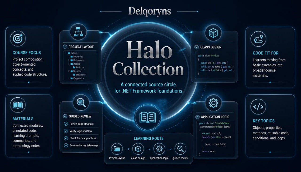 A digital course outline graphic titled 'Halo Collection' by Delgoryns, featuring a central glowing blue halo with the text 'Halo Collection' and surrounding dark panels detailing course topics, learning route, materials, and key topics for .NET Framework foundations.