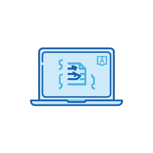 A blue line-art icon of an open laptop with a document editing symbol on the screen, centered on a plain white background.