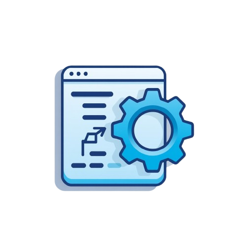 A flat vector icon depicting a document or dashboard window with a blue gear overlay, set against a plain white background.