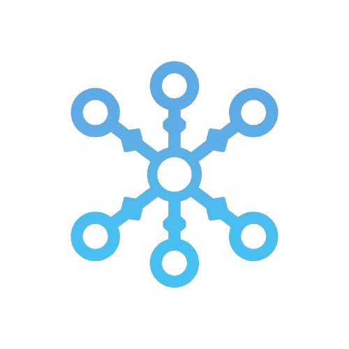 A light blue digital icon depicting a network or hub with six circular nodes radiating from a central point, set against a plain white background.