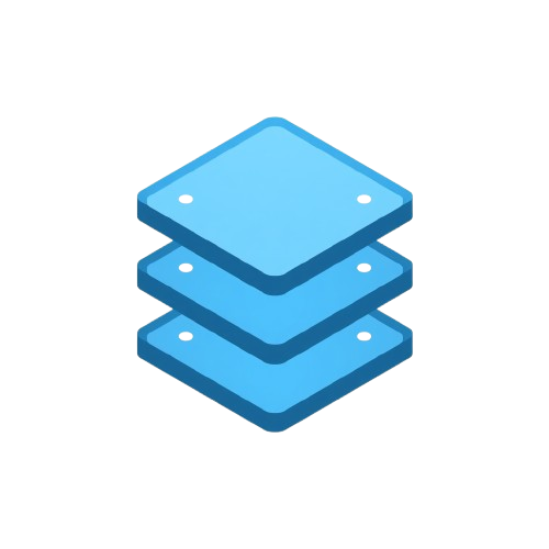 A stylized blue icon of three stacked square plates or cards on a plain white background.