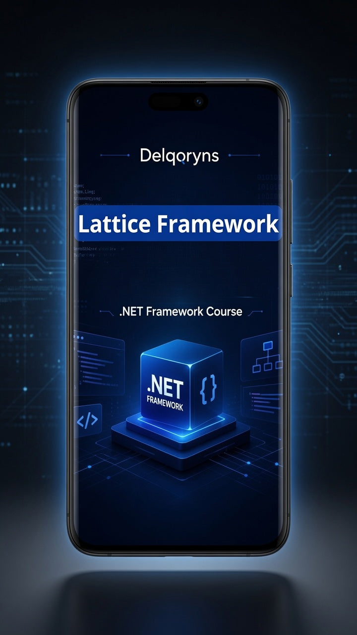 A smartphone centered on a dark blue tech-style background, displaying promotional artwork for a Delqoryns Lattice Framework .NET Framework course.