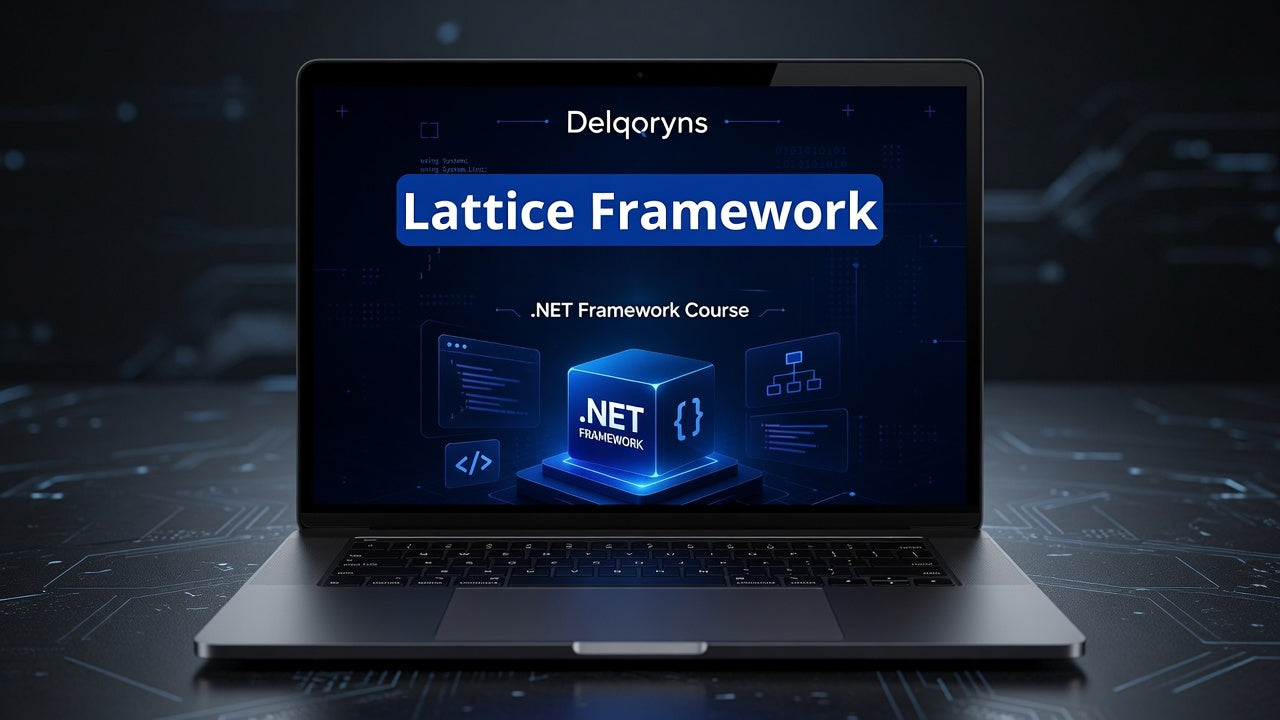 A laptop on a dark, tech-themed surface displaying a course cover for 'Delqoryns Lattice Framework .NET Framework Course' with blue and white graphics.