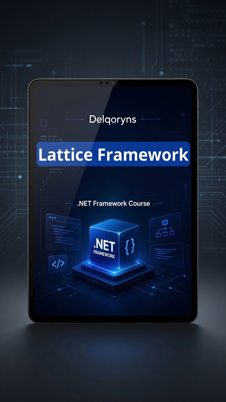 A digital promotional graphic showing a tablet or smartphone mockup with the text 'Delqoryns Lattice Framework' and '.NET Framework Course' on a dark blue screen, set against a futuristic circuit-like background.
