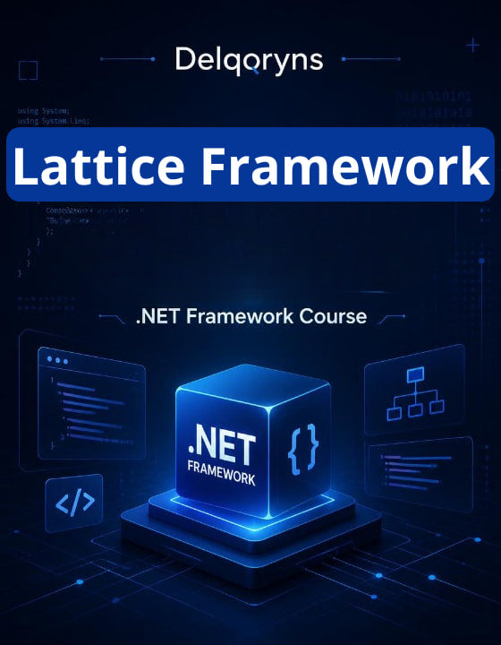 Digital cover graphic for a .NET Framework course by Delqryns, featuring a glowing blue 3D cube labeled '.
