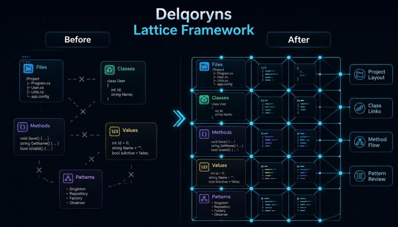 A digital infographic comparing the 'Before' and 'After' states of the Delqoryns Lattice Framework, set against a dark navy background. The 'Before' section shows a flat, unconnected layout, while the 'After' section displays a highly structured, interconnected network diagram with glowing blue nodes and lines.
