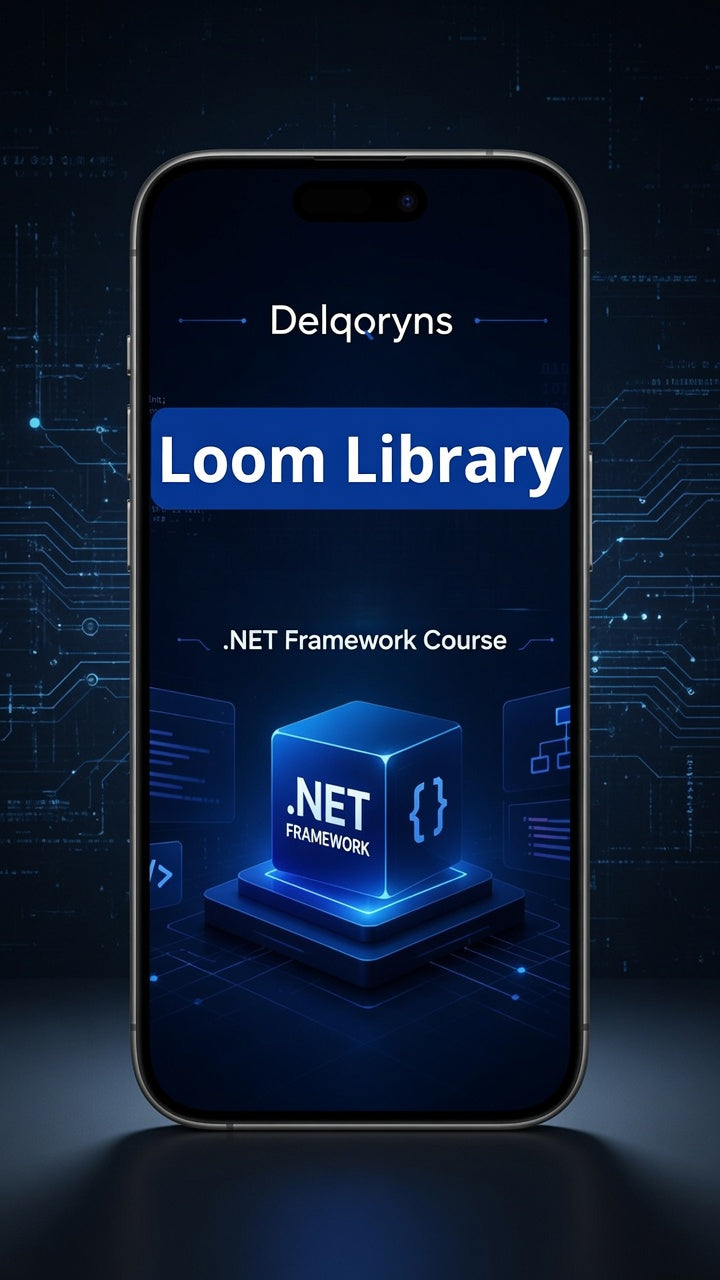 A smartphone centered on a dark blue tech-themed background, displaying a course screen for 'Delqoryns Loom Library .NET Framework Course' with a glowing blue .