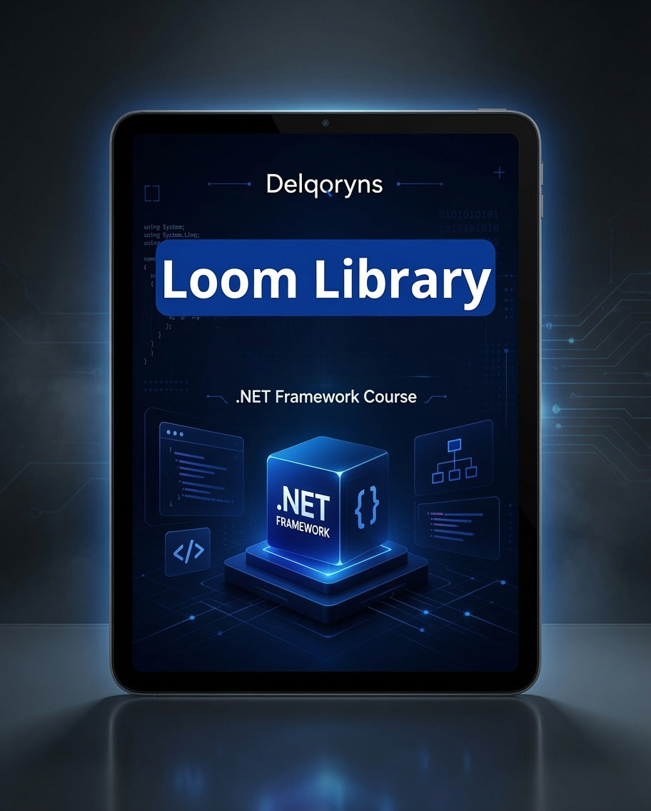A digital promotional graphic showing a tablet or smartphone displaying a course cover for 'Delqoryns Loom Library .NET Framework Course' in glowing blue and white text on a dark tech-themed background.