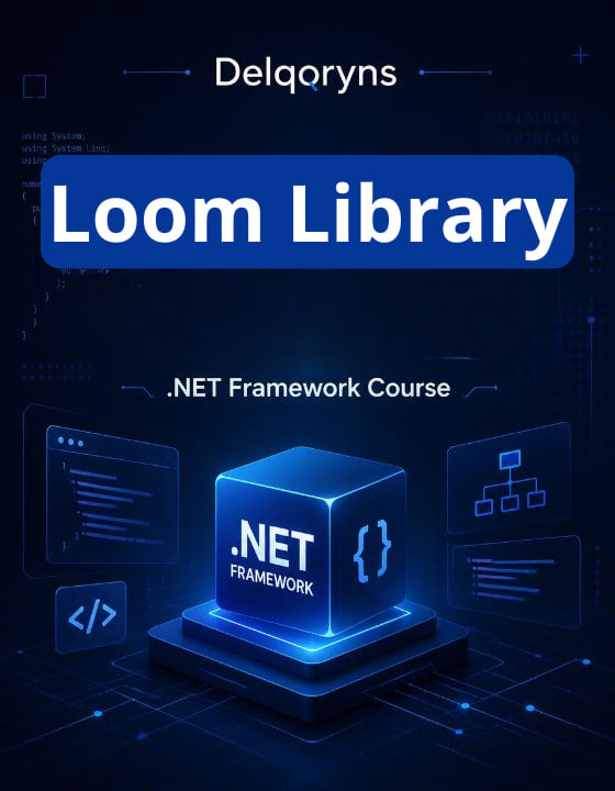Promotional graphic for a Delqoryns .NET Framework course, featuring a glowing blue 3D cube labeled '.