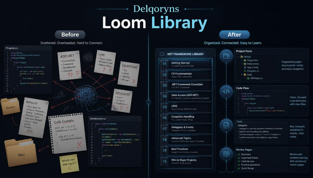 A digital presentation slide titled 'Delgoryns Loom Library' showing a before-and-after comparison of a project management workflow. The left side, labeled 'Before', depicts a messy, cluttered setup with scattered code snippets, sticky notes, and folders on a dark background.