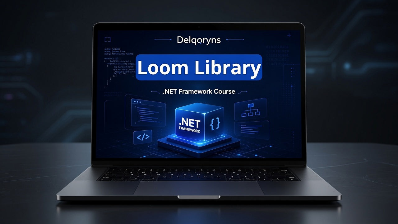 A laptop on a dark surface displaying a digital course graphic for 'Delqoryns Loom Library .NET Framework Course' on its screen.