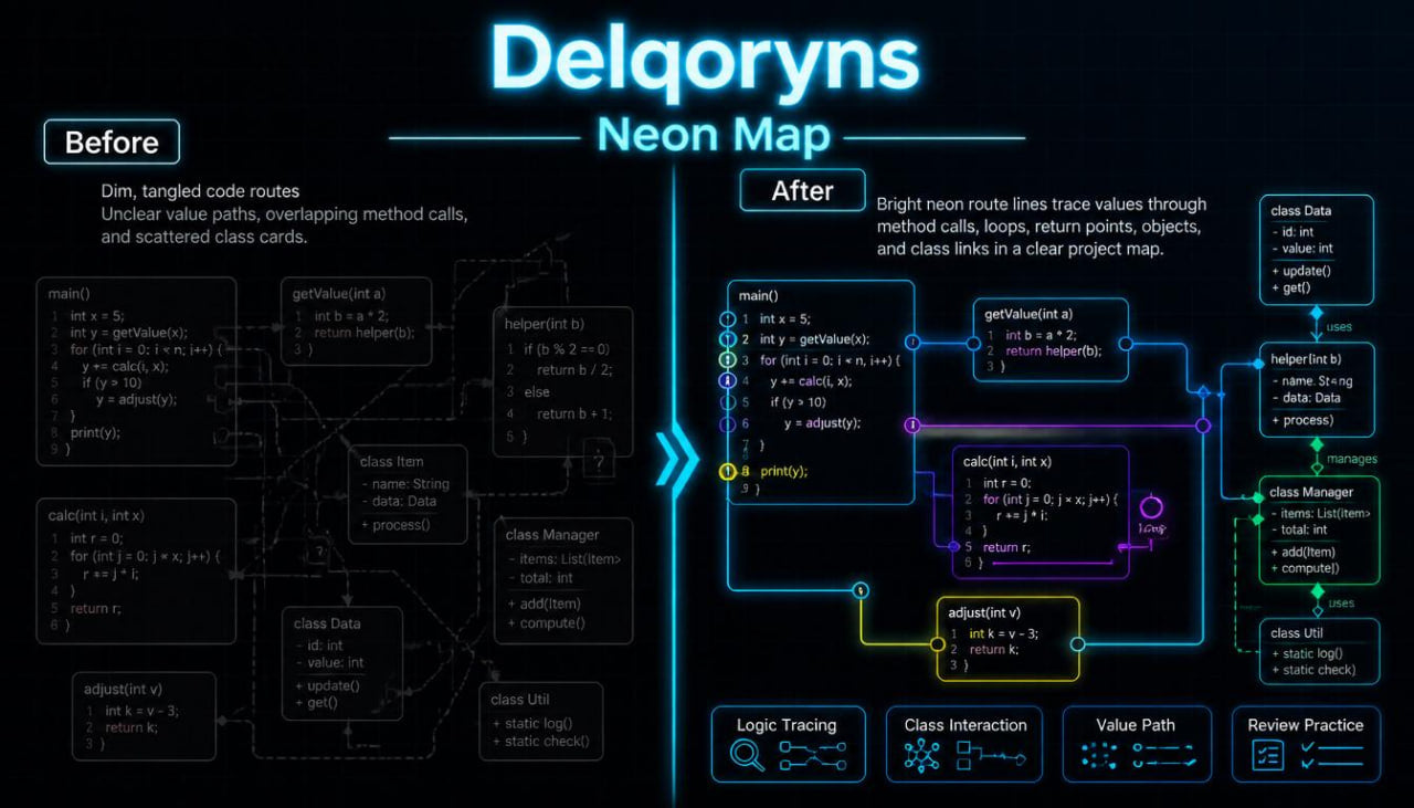 A digital infographic titled 'Delqoryns Neon Map' on a dark background, showing a 'Before' and 'After' comparison of code tracing and debugging visualization with neon blue and multicolored lines and labeled boxes.