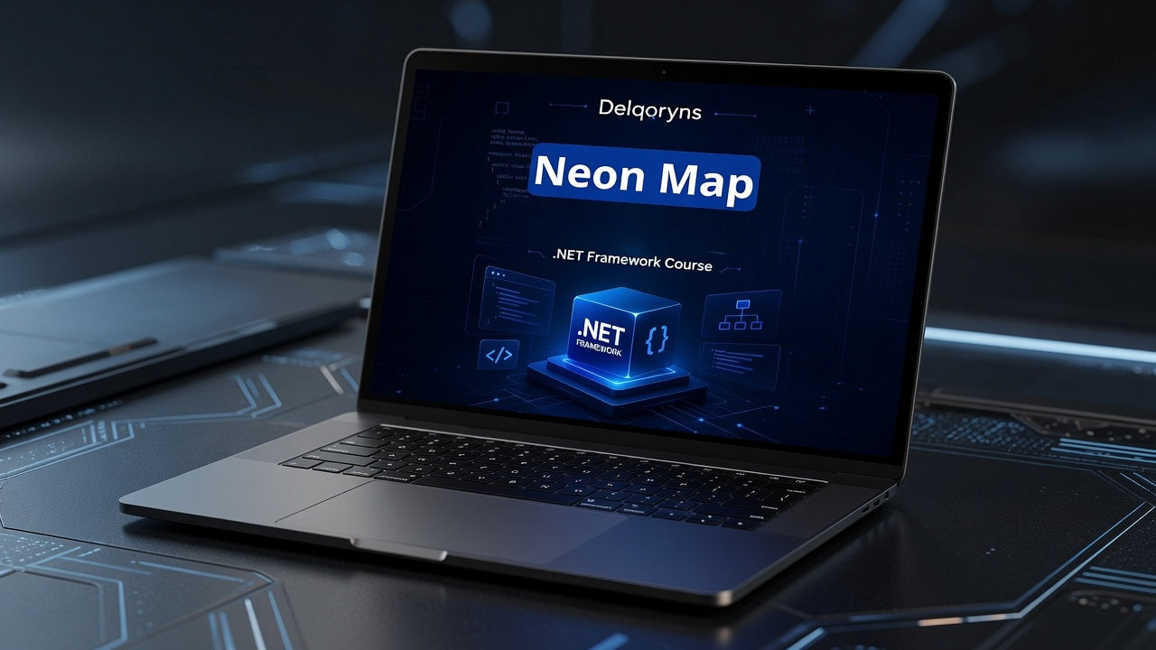 A silver laptop on a dark futuristic desk, displaying a course screen that reads 'Delqoryms Neon Map .NET Framework Course'.
