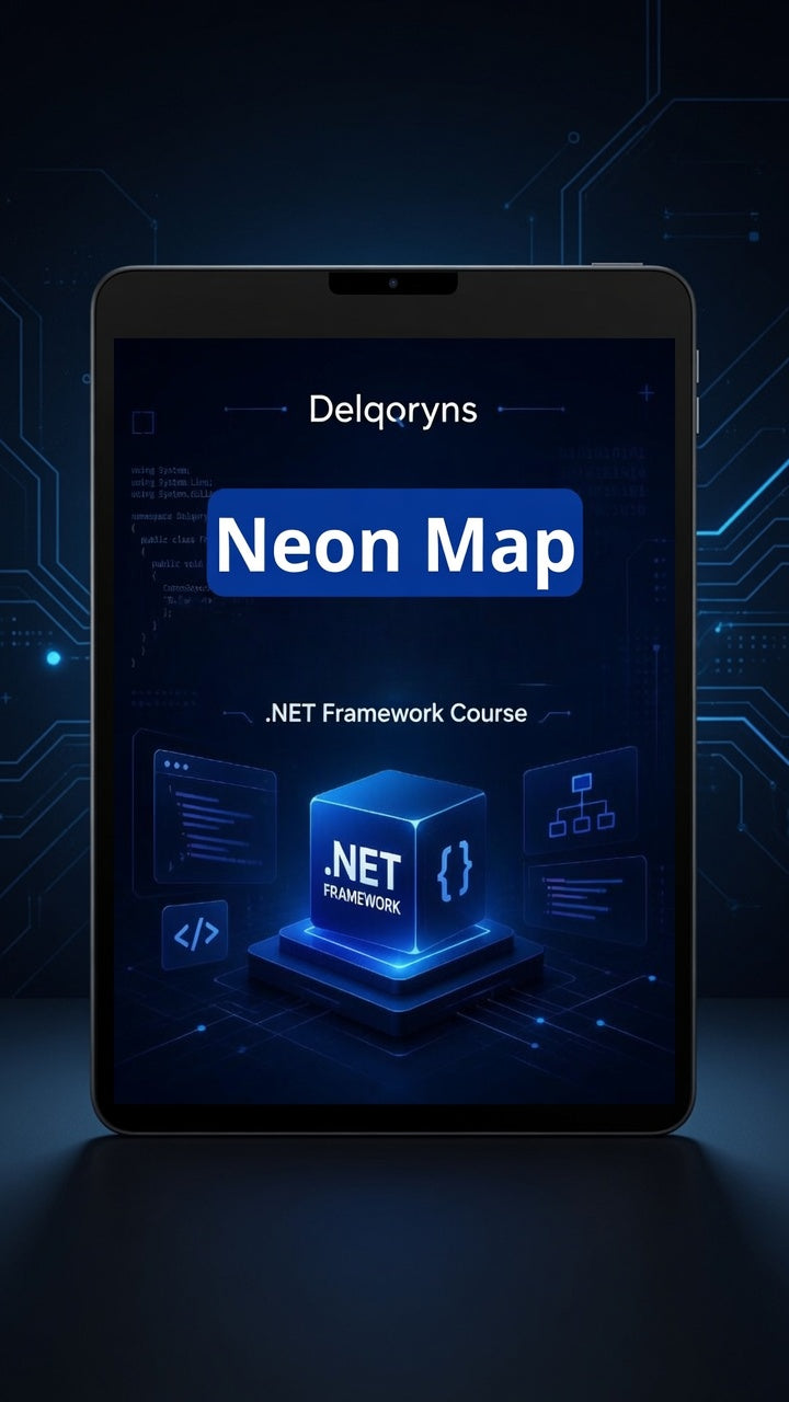 A digital promotional graphic showing a tablet with the text 'Delqoryns Neon Map .NET Framework Course' on the screen, set against a dark blue circuit-board background.