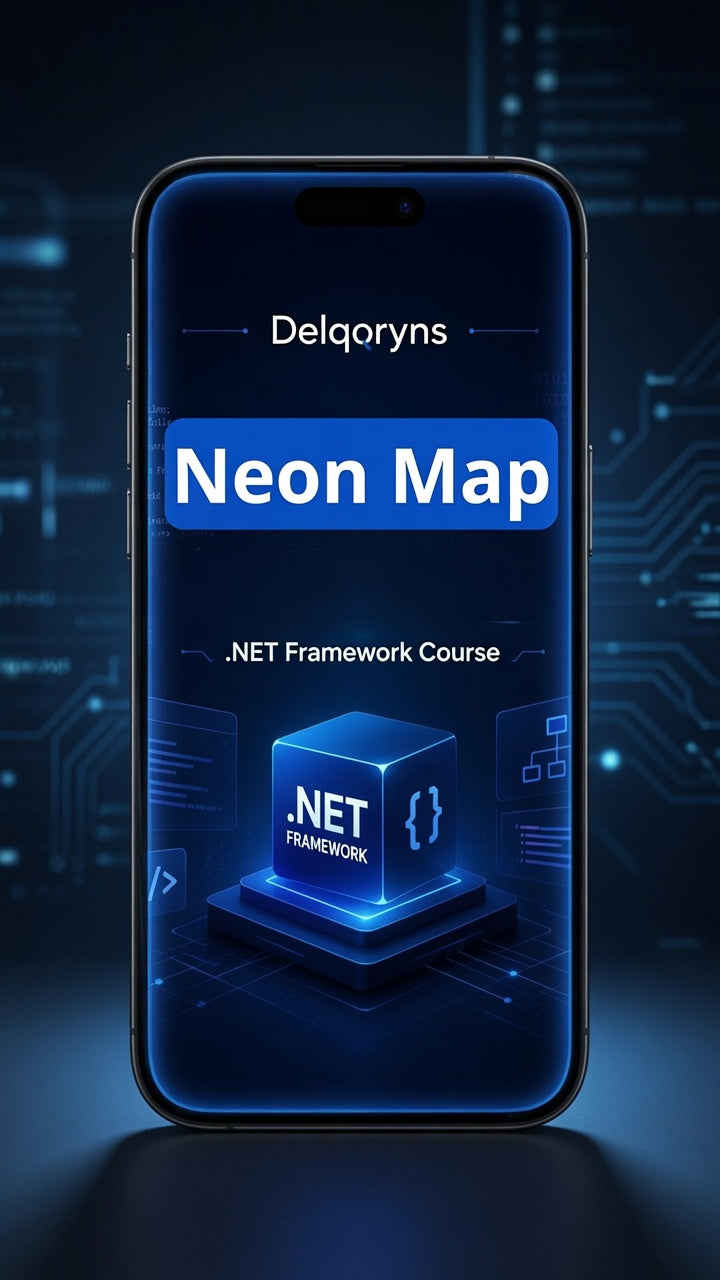 A smartphone centered on a dark blue tech-style background, displaying a course graphic for Delqoryns Neon Map .NET Framework Course with glowing blue UI elements and a 3D cube icon.
