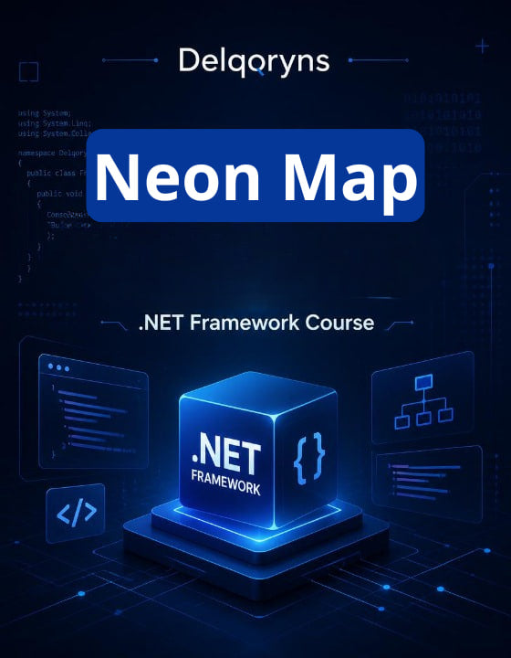 Promotional graphic for a .NET Framework course titled 'Neon Map' by Delqryn95, featuring a glowing blue 3D cube labeled '.