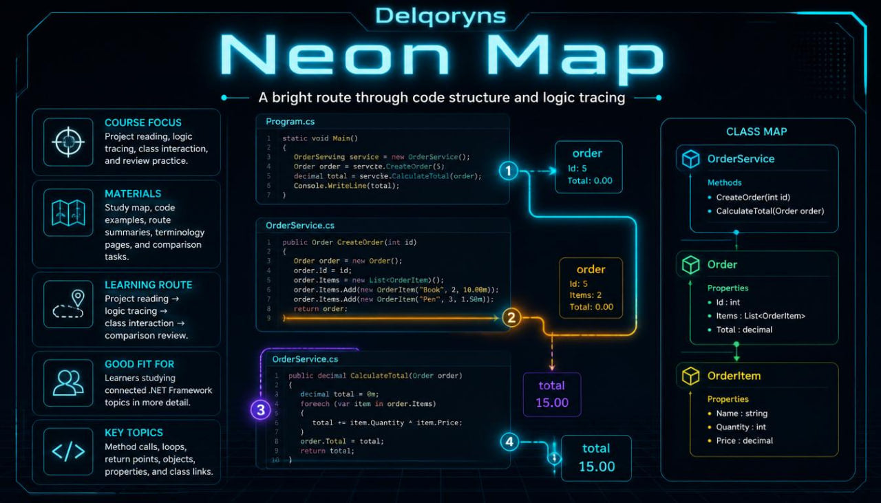 A digital infographic titled 'Delgoryn's Neon Map' designed as a code structure and logic tracing guide, featuring neon blue and purple text and diagrams on a dark background.