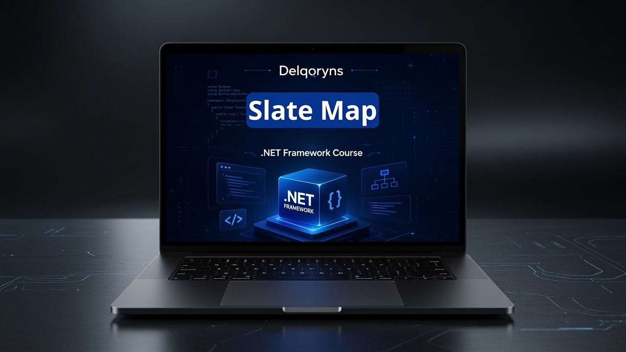 A dark laptop on a black surface displaying a digital course cover for 'Delgqryn Slate Map .NET Framework Course' on its screen.