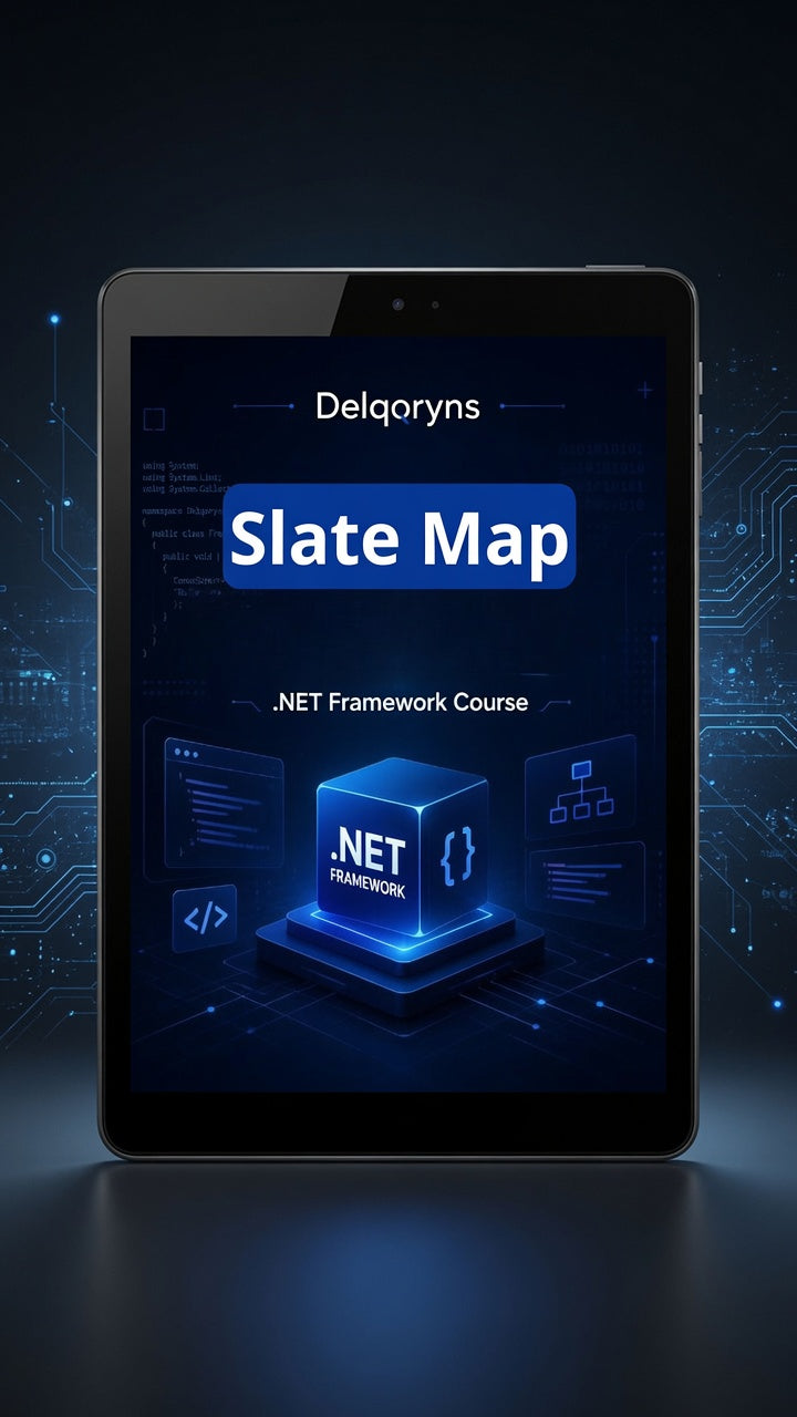A black tablet device displaying a digital course cover for 'Slate Map .NET Framework Course' with blue glowing interface graphics, set against a dark blue tech-themed background.
