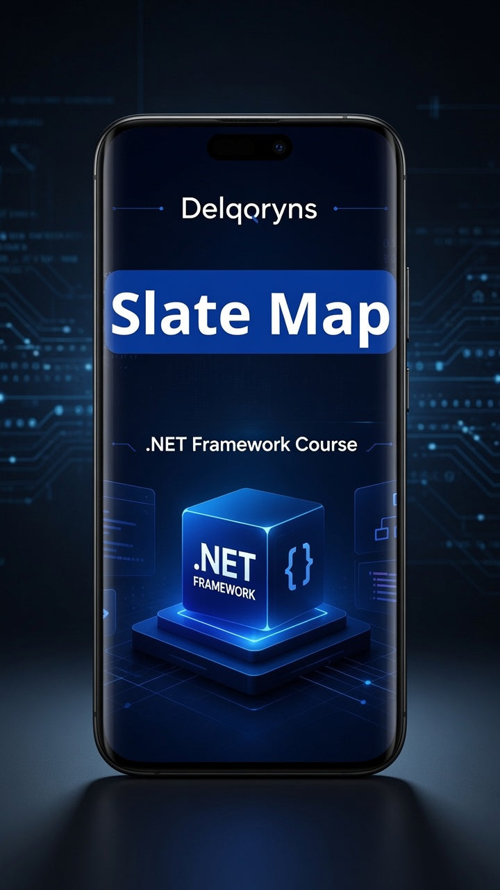 A smartphone centered on a dark blue tech-style background, displaying a course cover for Delqoryns Slate Map .NET Framework Course with glowing blue UI elements and a 3D cube graphic.