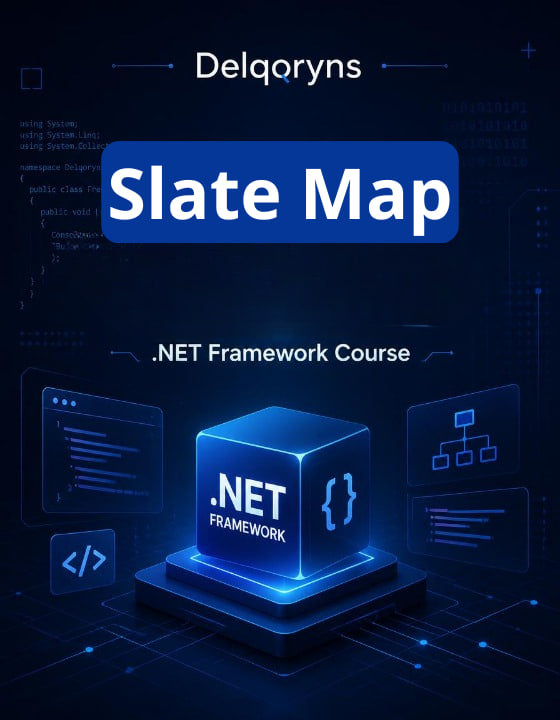 Promotional graphic for a .NET Framework course titled 'Slate Map' by Delqryn95, featuring a glowing blue 3D cube labeled '.