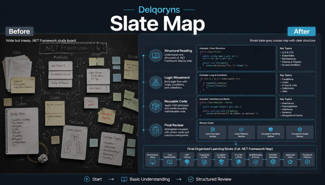 A digital presentation slide titled 'Delgoryns Slate Map' showing a before-and-after comparison of a .NET framework study board and organized learning route.